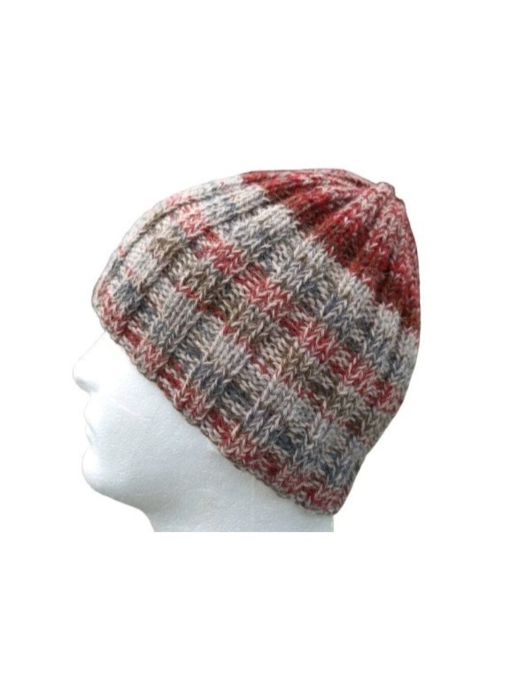 Mens Alpaca Beanie Hat Skully Knit Brown Beige Wool Rib USA Hand Knit One Size
